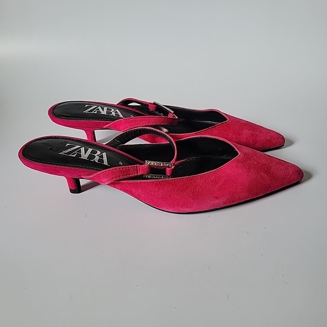 Zara Kitten Heel Point Toe Mules 7 Fuschia Pink Suede Chic Effortless Feminine