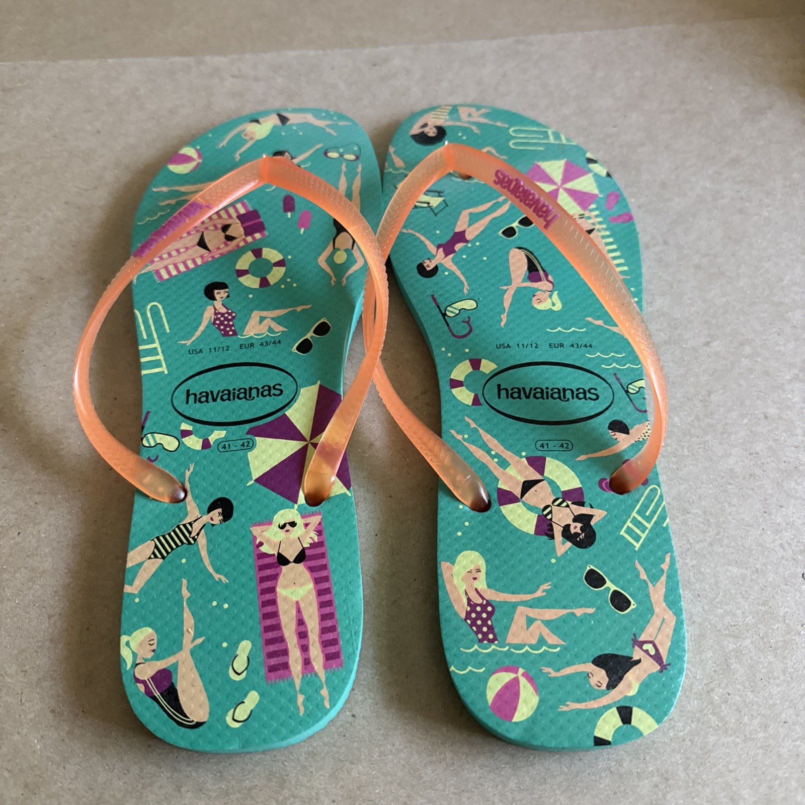 Havaianas Slim Green Pool Party Design with Orange Gel Straps 41/42 – New