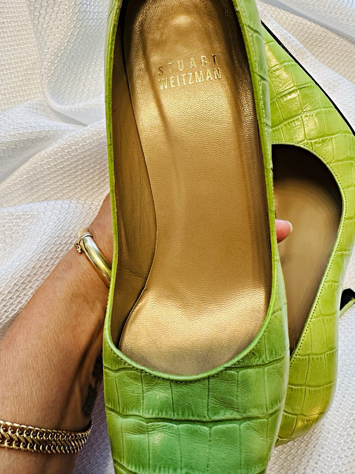Stuart Weitzman Green Leather Croc Embossed Pointed Toe Stiletto Pumps 6M