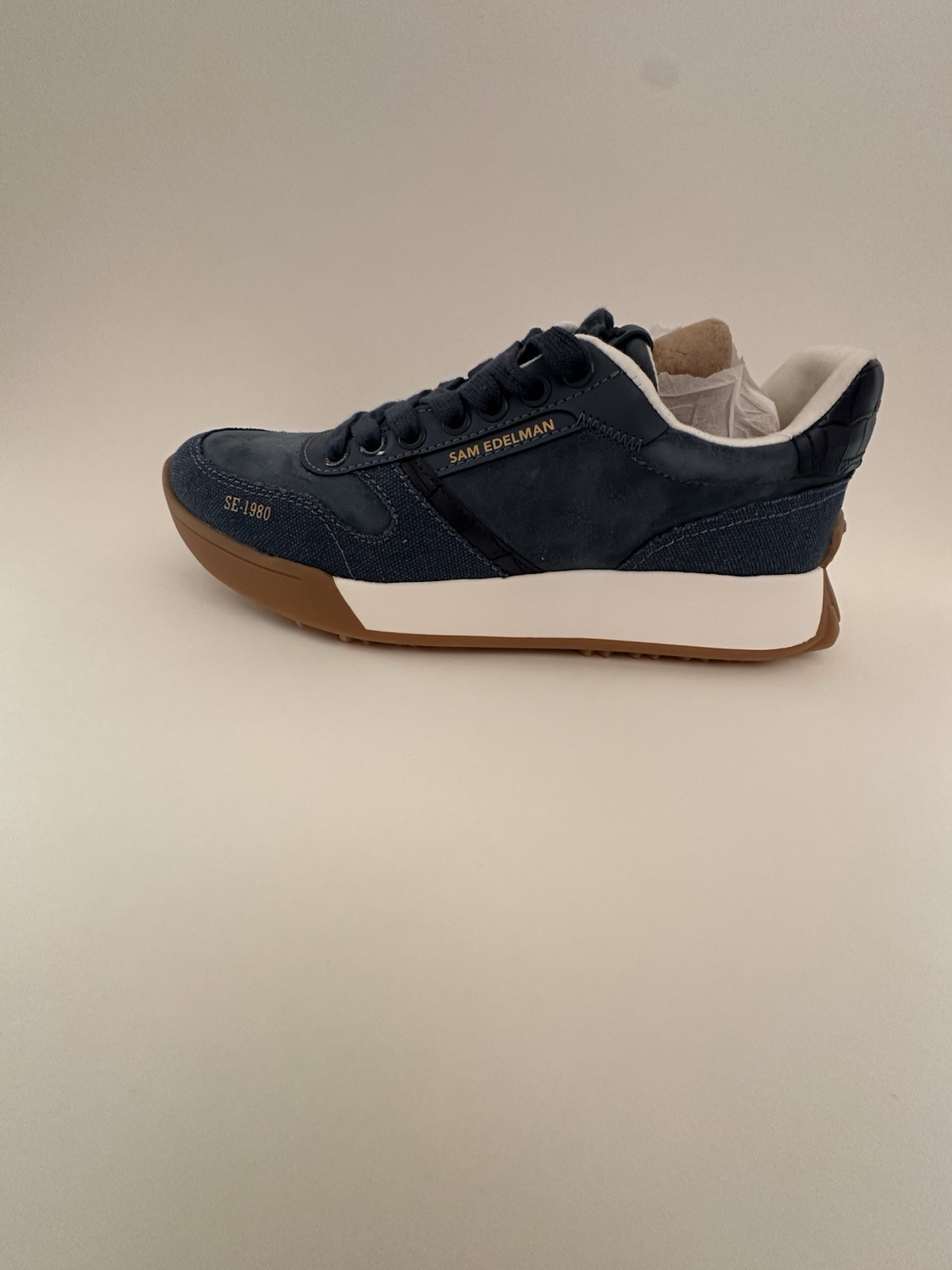 Sam Edelman Langley Navy White Suede Fabric Low Top Lace Up Sneakers