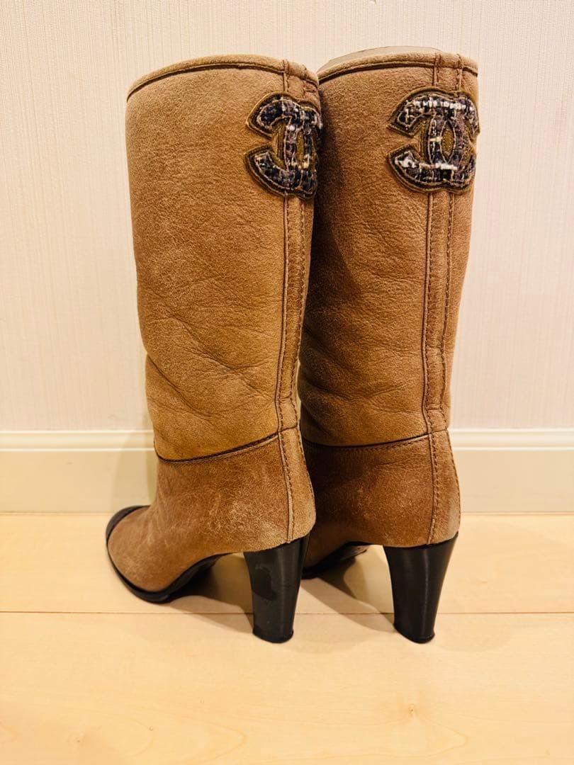 CHANEL Boots Shoes Cocomark EU 36 US 6 Suede Boa Brown Authentic #328