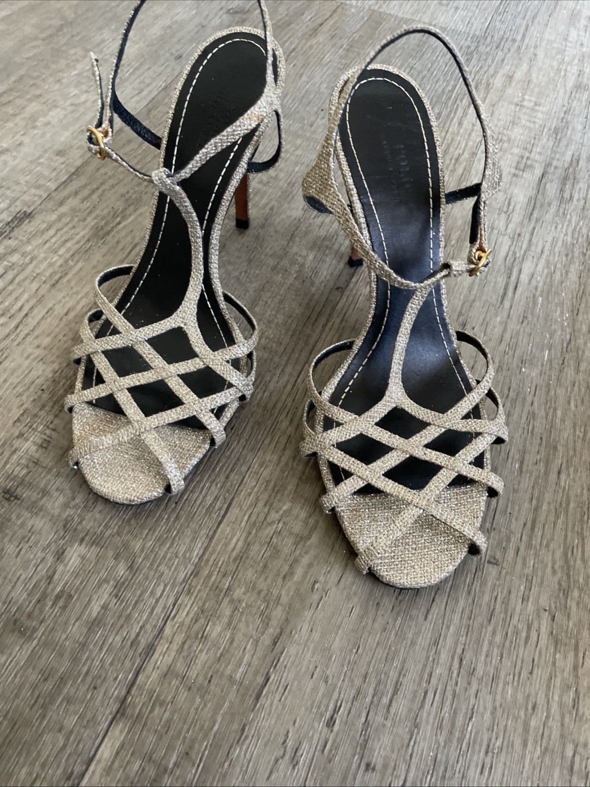 Rare Polo Ralph Lauren Freida Glitter Heels 7.5B Made in Portugal Gold Sandals