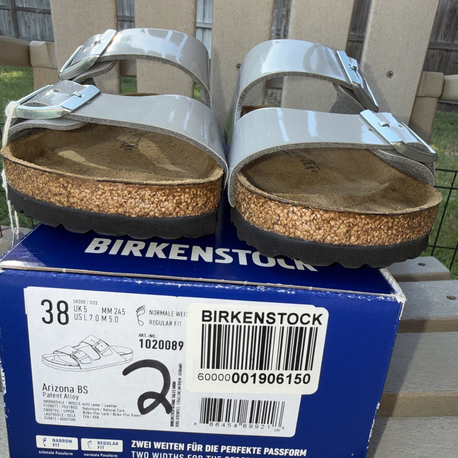 NWOB Birkenstock Arizona Patent Alloy Grey EU 38 Regular width US 7-8