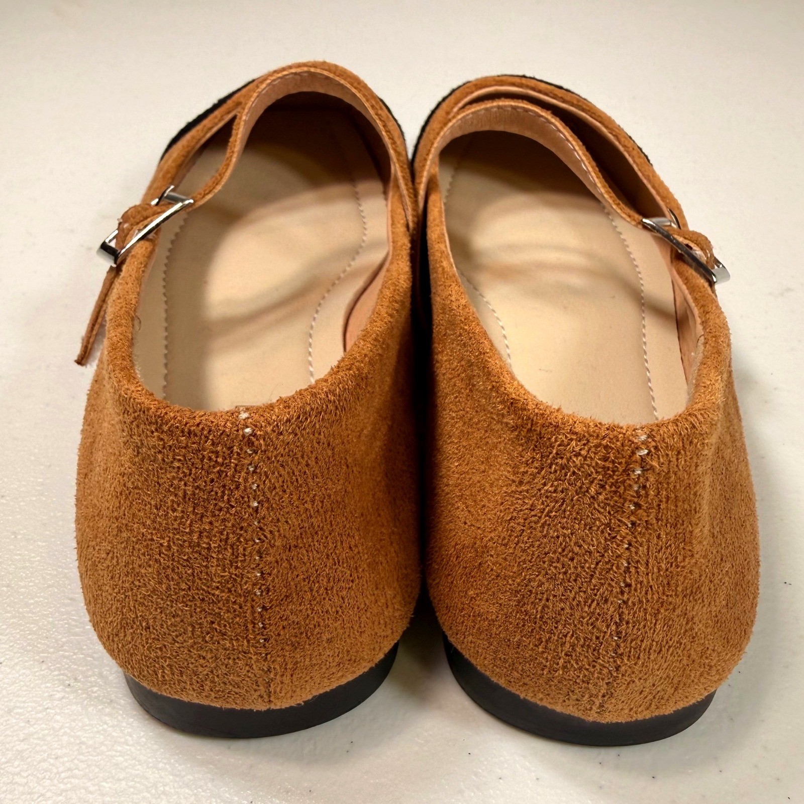 Two Tone Mary Jane Flats Cognac Black Cap Toe Square Toe Buckle Shoes Size 38