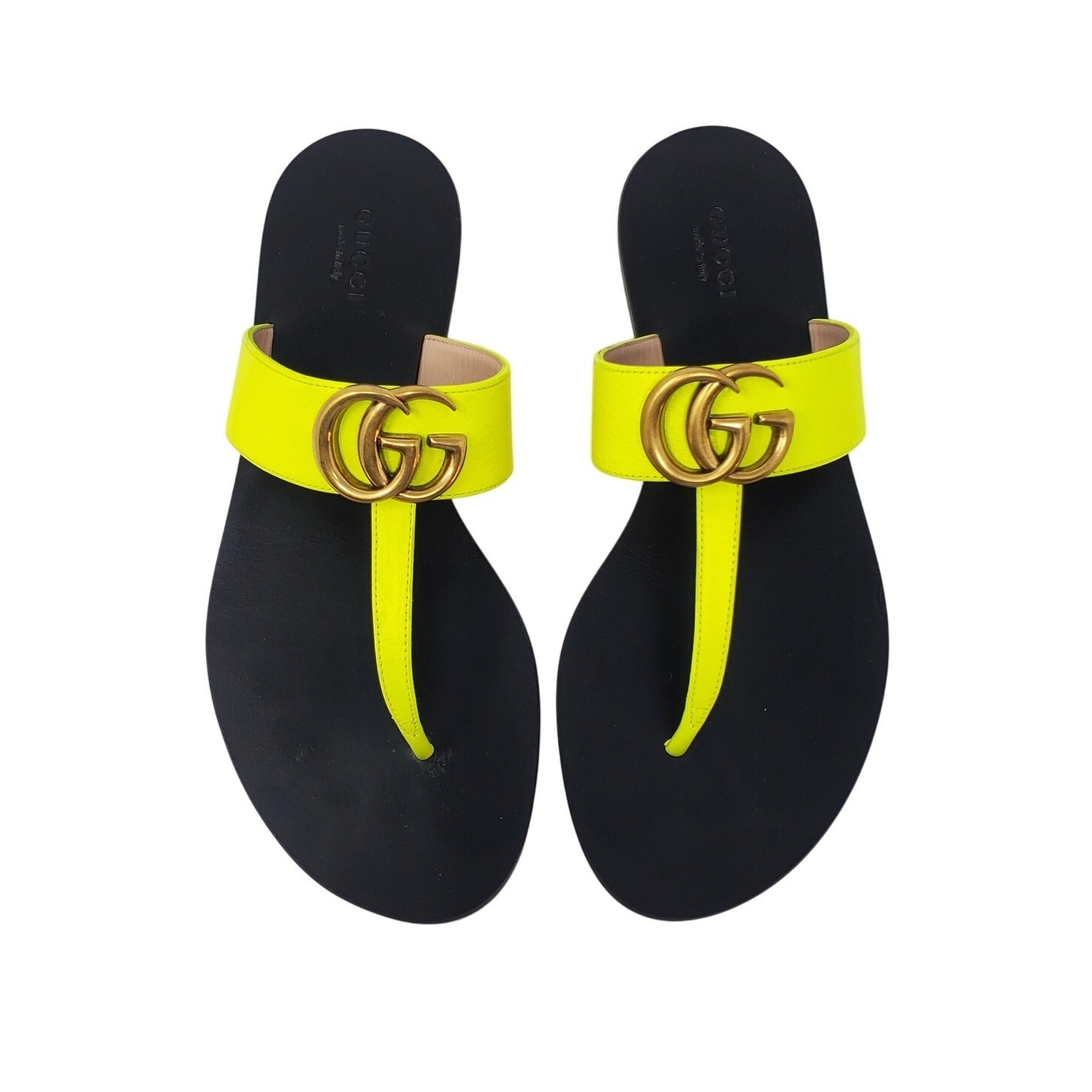 Gucci Marmont GG Sandal Thong Flat With Double G In Yellow Fluo Leather Size 37