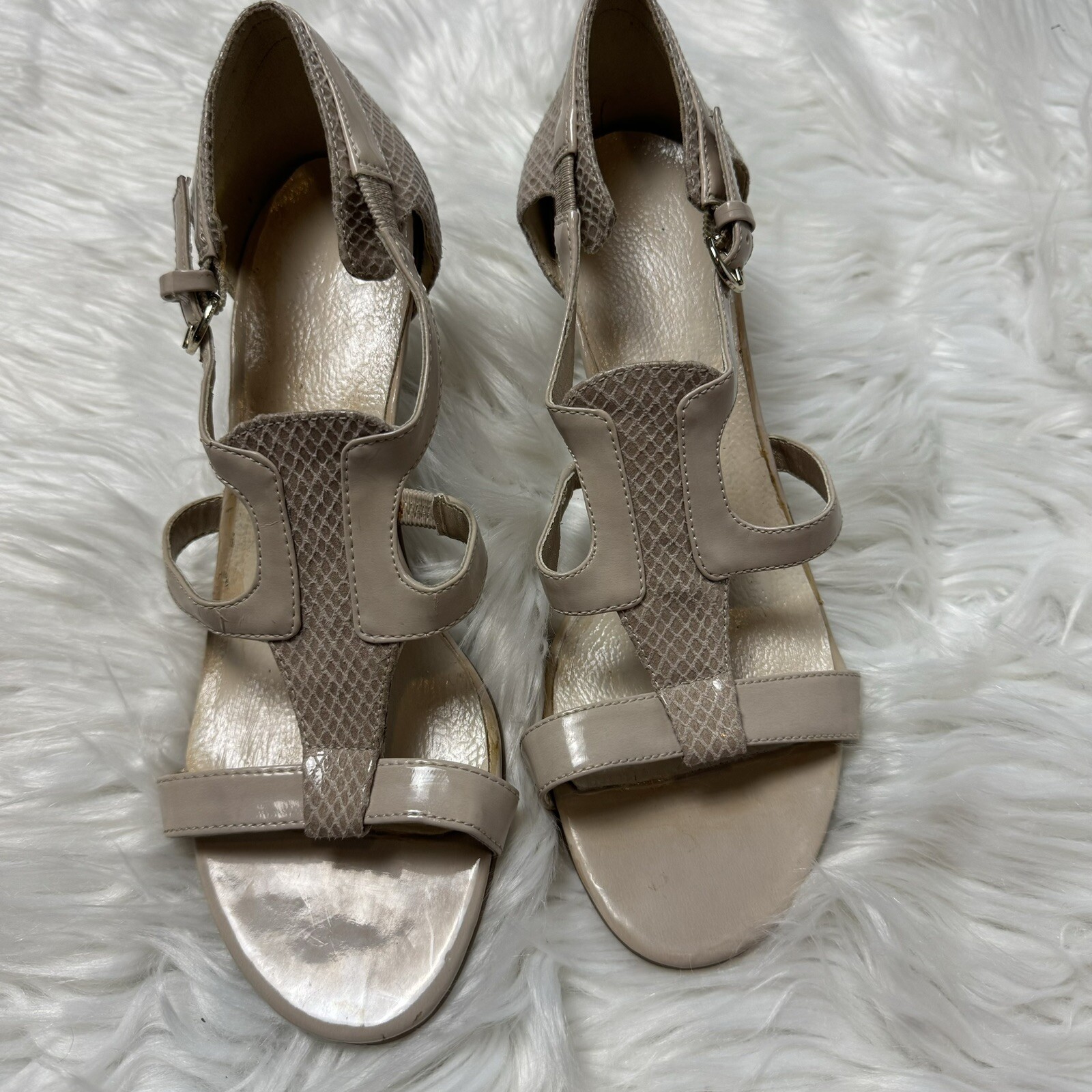 Nude Strappy Sandal Heel, Short Cone Heel, Snake Texture Accent, Size 6.5