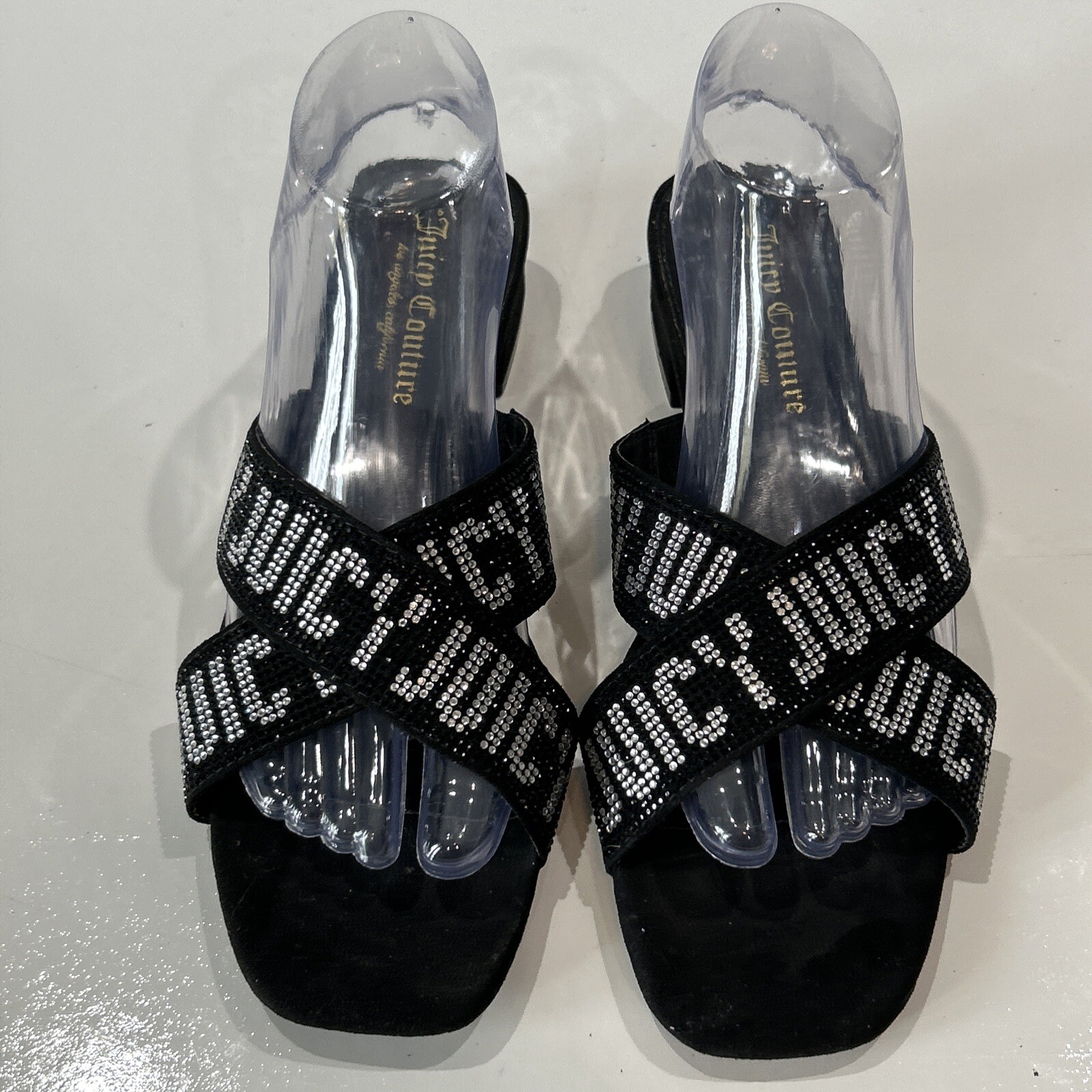 Juicy Couture 8.5 Crystal Logo Black Cross Over Sandals Bling Slip On Shoes