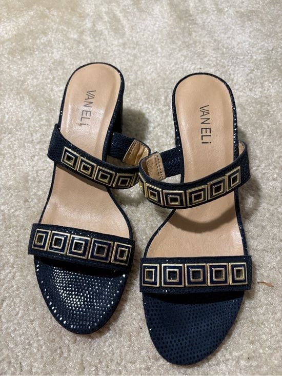 Vaneli Navy Double-Strap Slide Mules with Gold Square Accents
