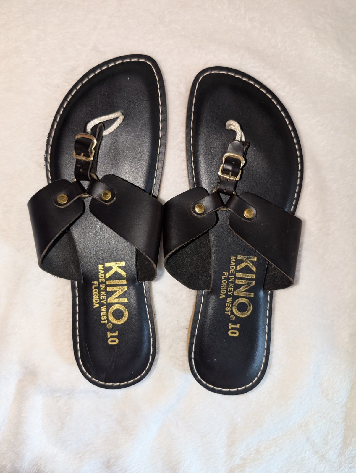 Kino Sandals Womens 10 Black Leather Thong Buckle Slip On Handmade Key West