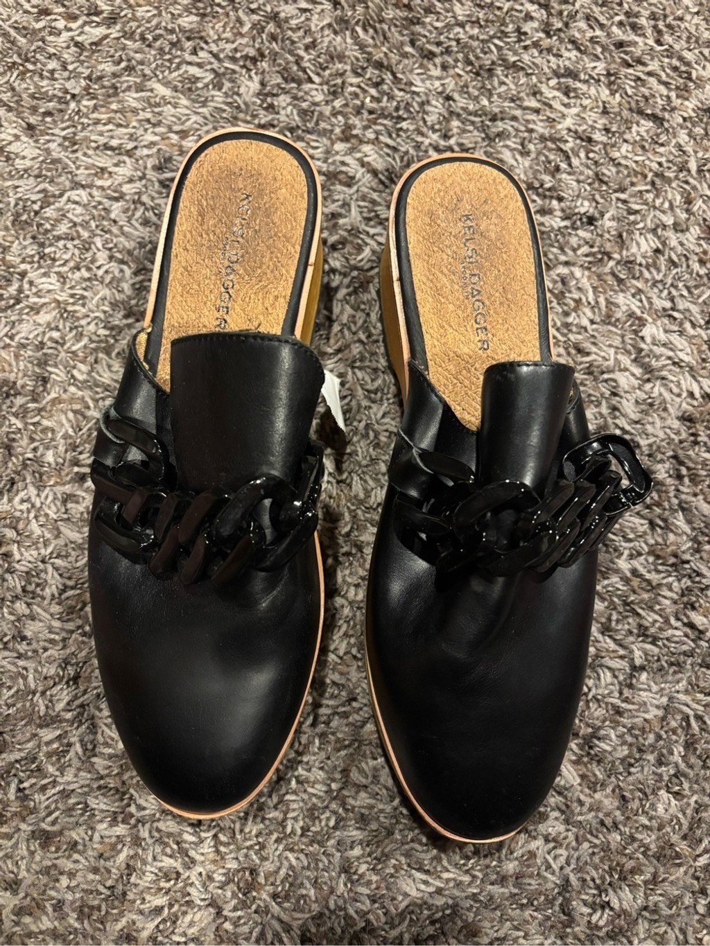 Kelsi Dagger Black Leather Chain-Trim Slip-On Mules
