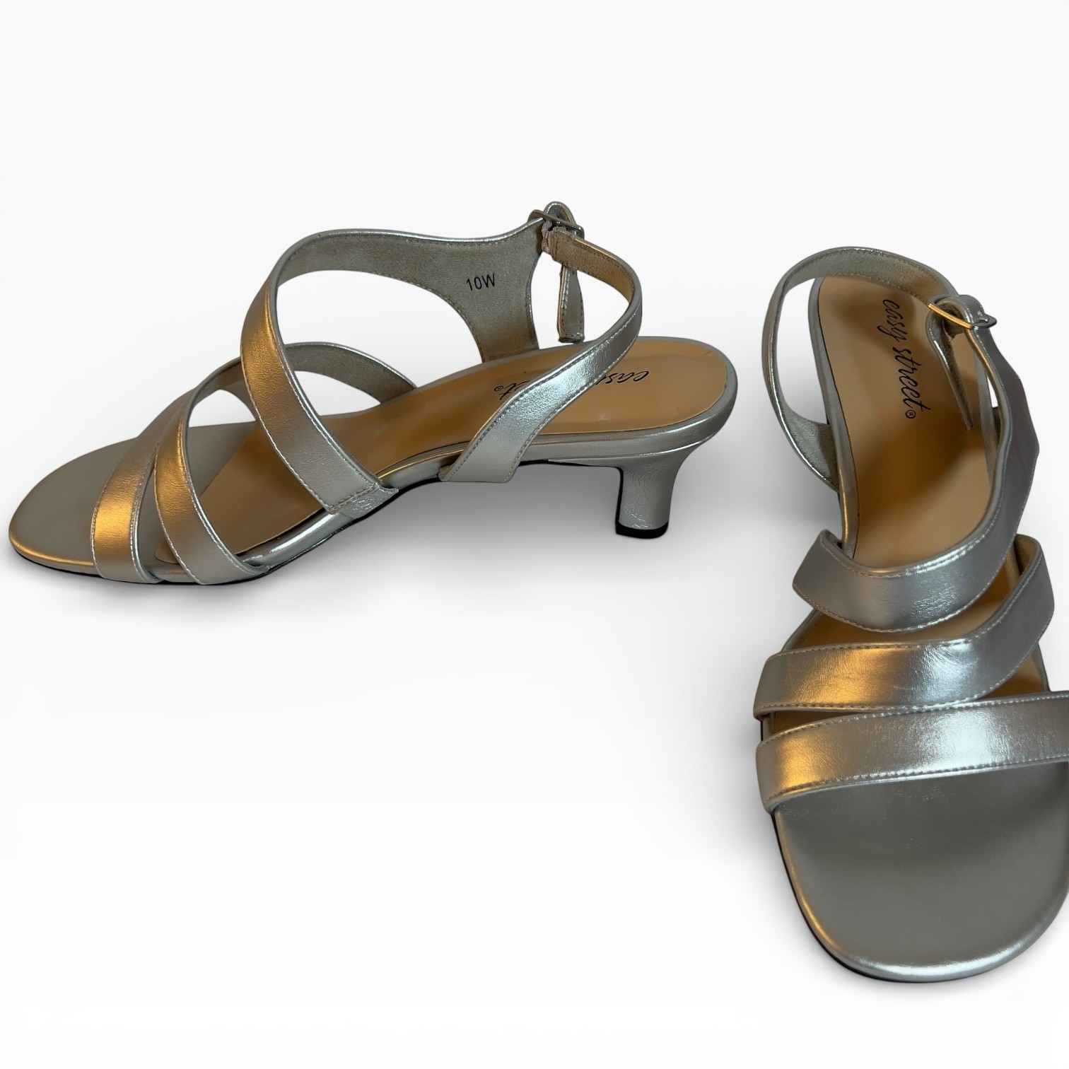 Easy Street Silver Strappy Kitten Heel Sandals Women Size 10W Wide Wedding Dress