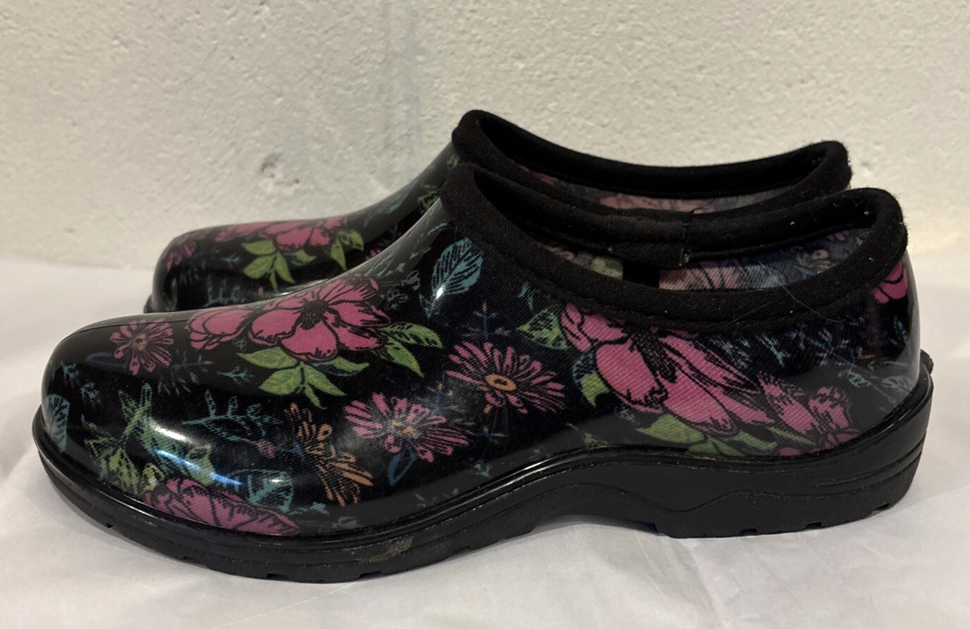 Ground Work Garden Clogs Waterproof Slip On Shoes Black Pink Floral Size 6M