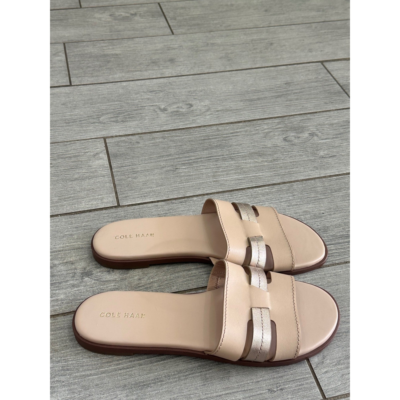 Cole Haan Flynn Porcelain Rose Gold Leather Slotted Slide Sandals New!