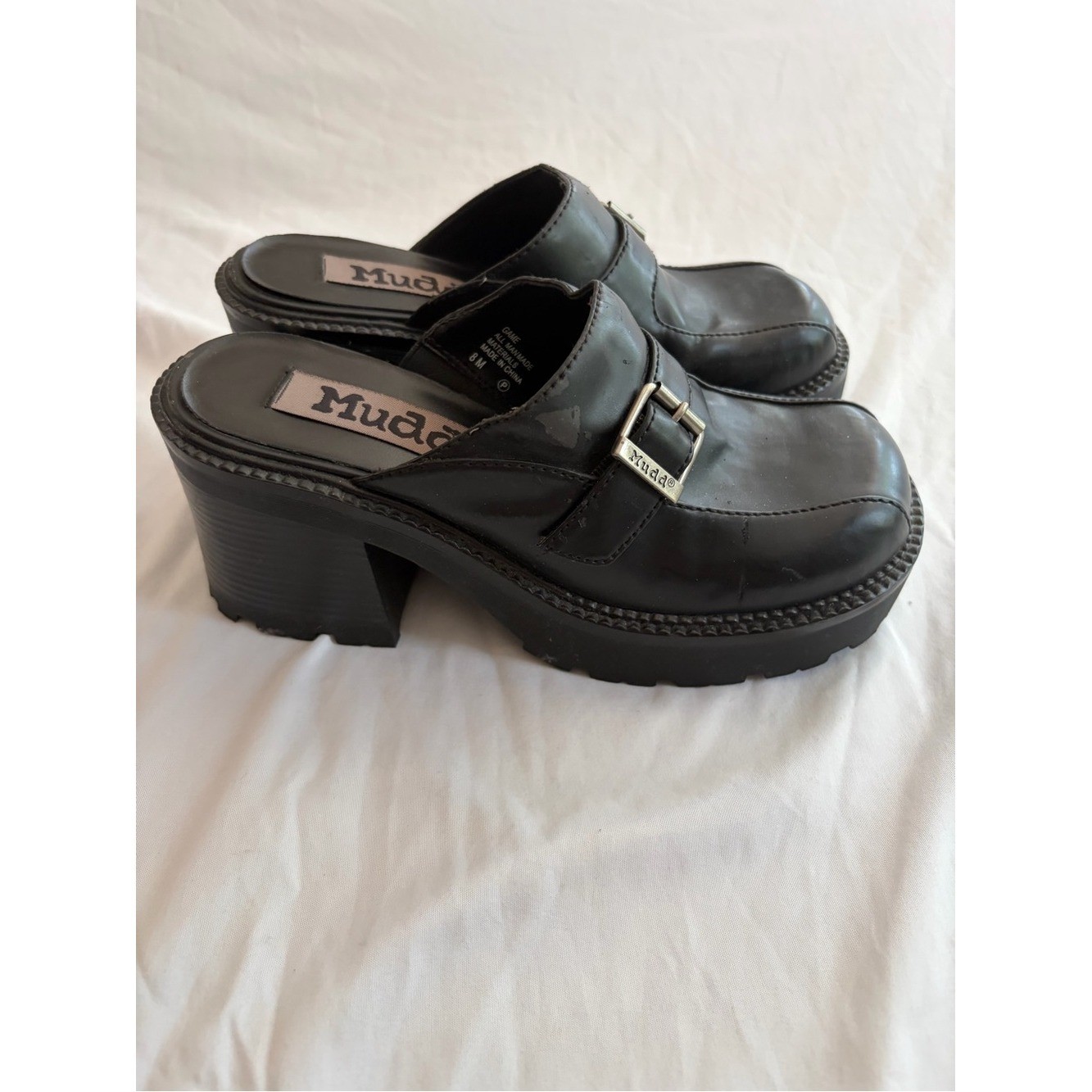 Mudd Black Chunky Platform Clogs Block Heel Silver Buckle Y2K Style Sizse 8.5