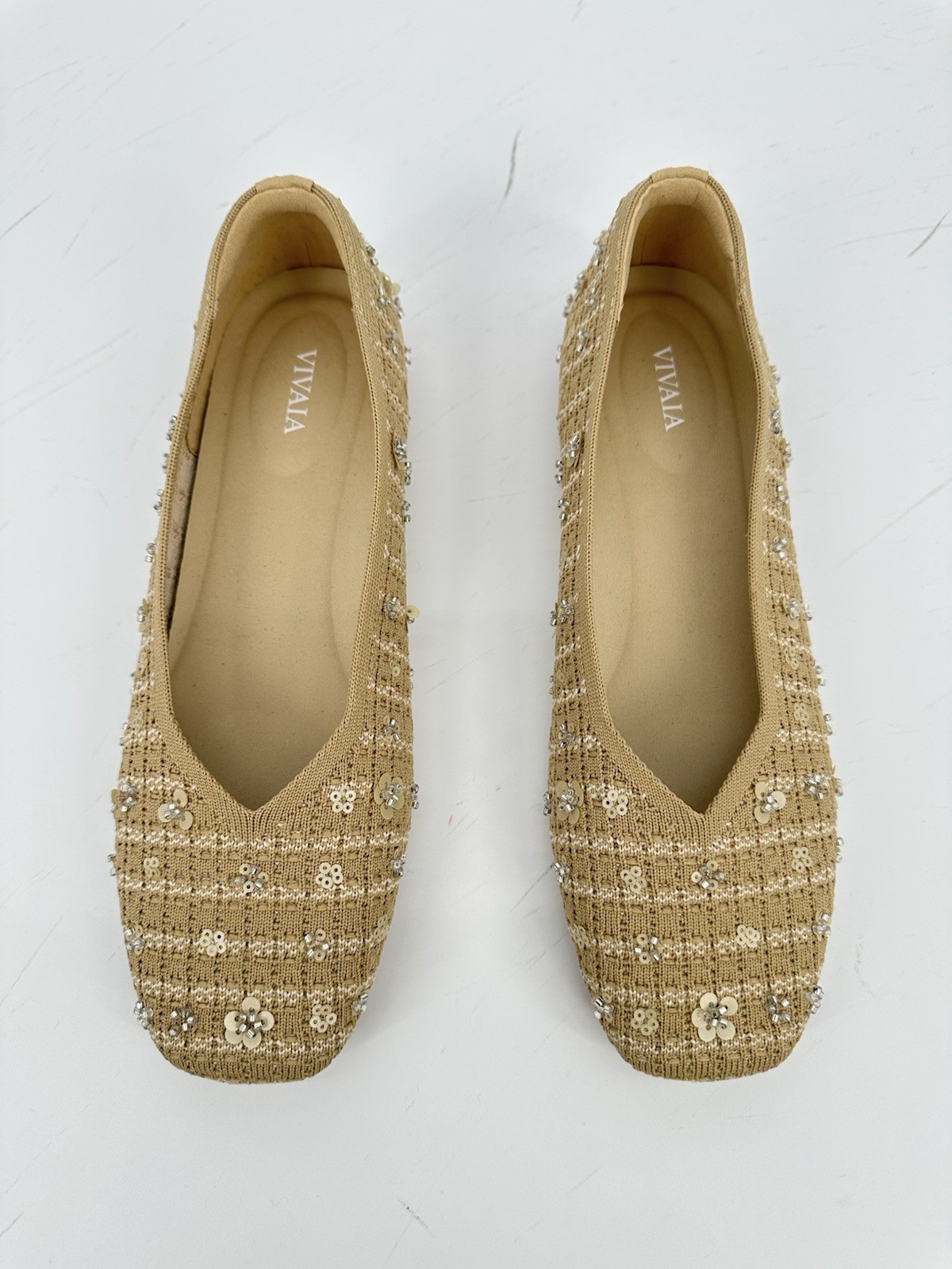 VIVAIA Margot 2.0 Square Toe V-Cut Knit Flats Beige Floral EU 39 US 8 NIB