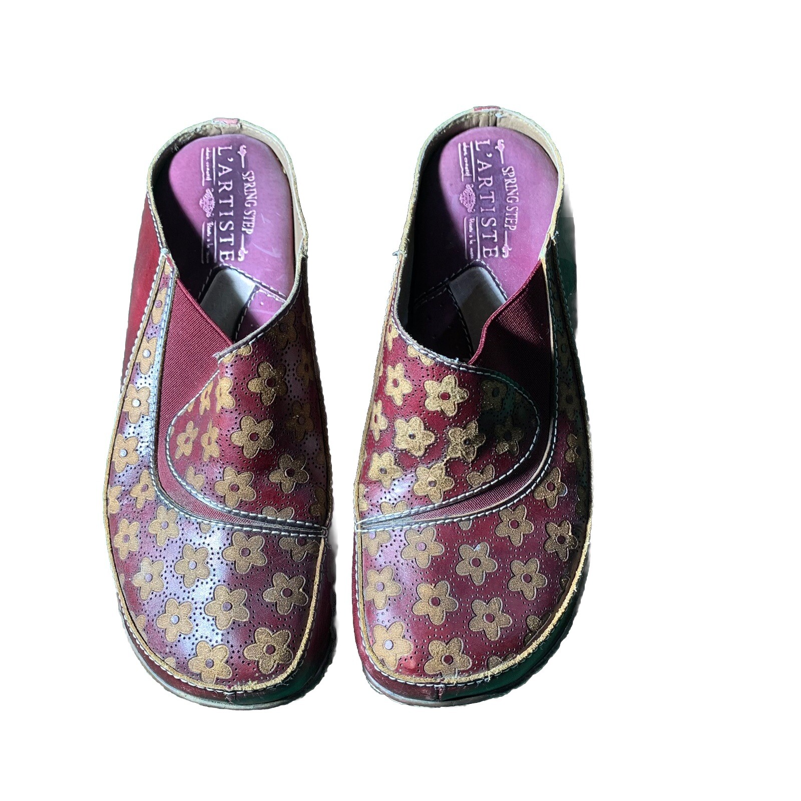 Spring Step L’Artiste Womens 6 Red Leather Floral Accent Comfort Clog BOHO