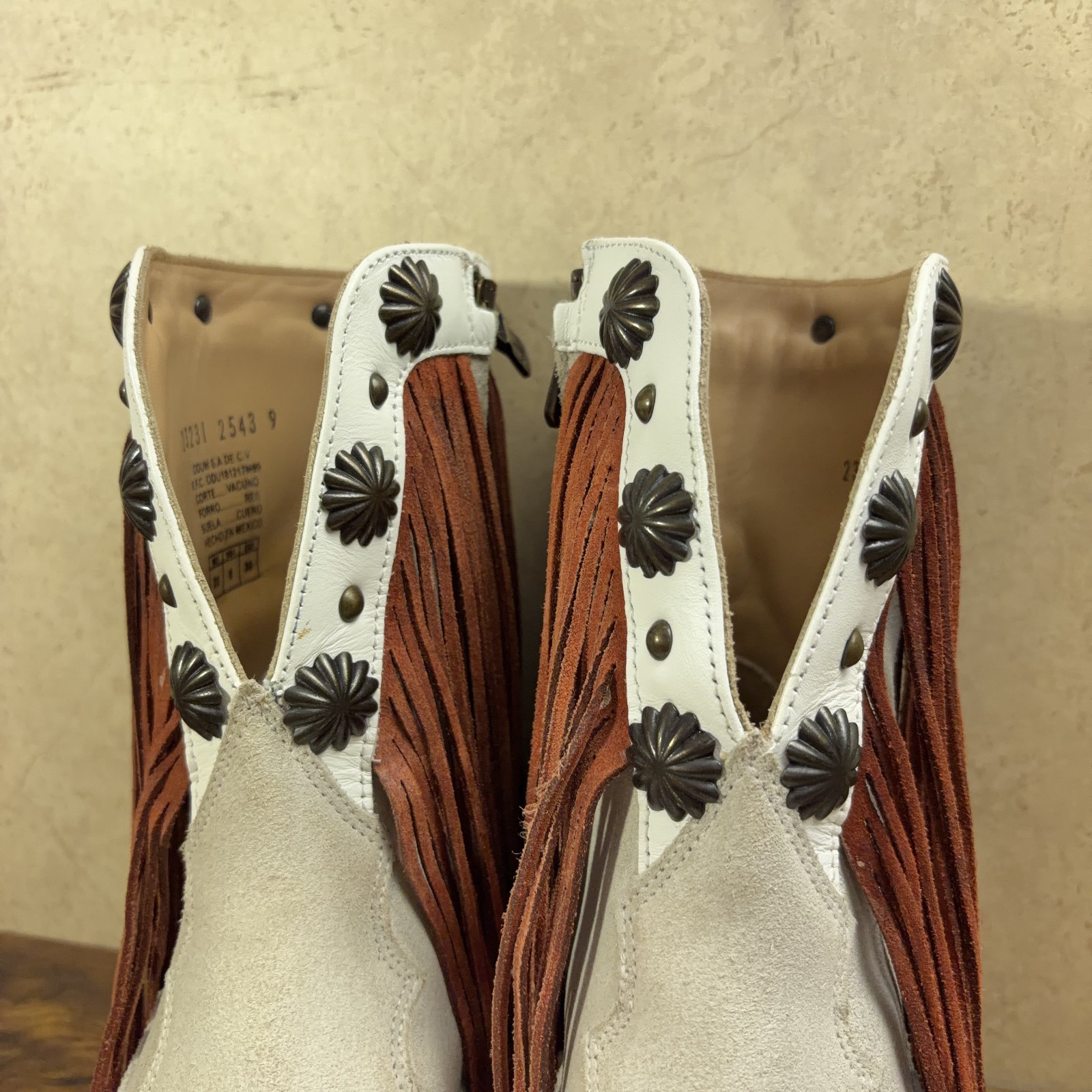 Mezcalero Western Boots Womens Size 8 White Fringe Concho Studded Boho Festival