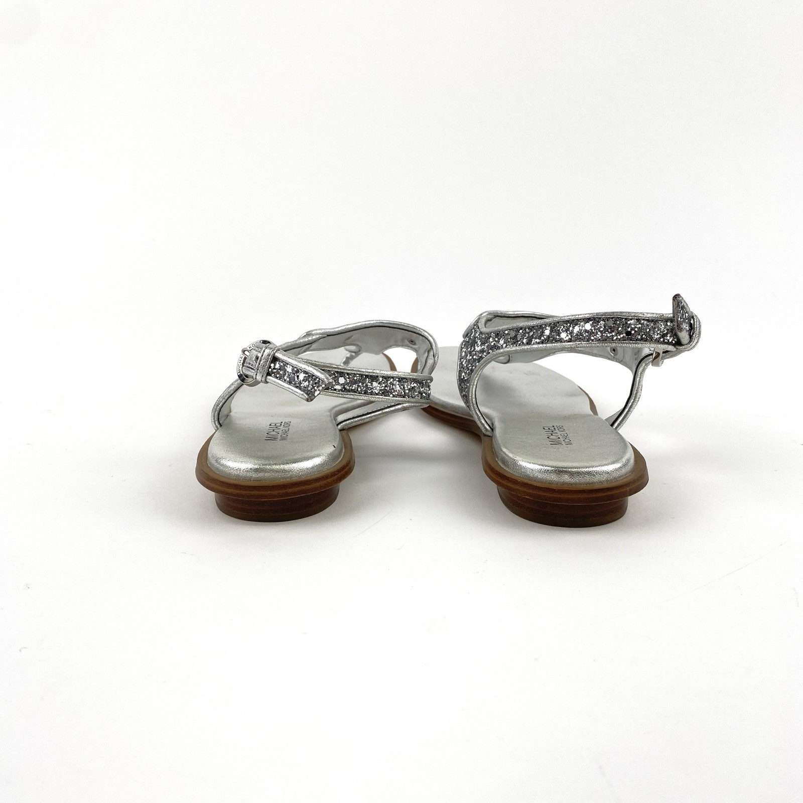 Michael Kors MK Plate Silver Glitter Thong Ankle Strap Sandals Women’s Size 6.5M