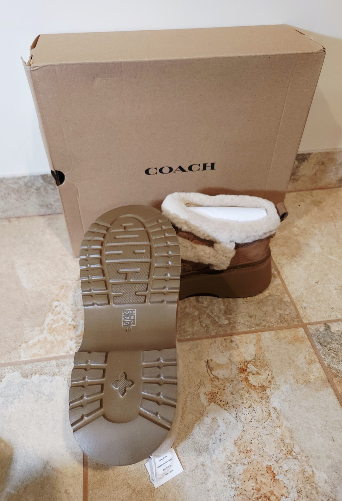 Coach Christina Signature Shearling Womens Booties Tobacco 2.5″ Lug 10 B NIB NEW