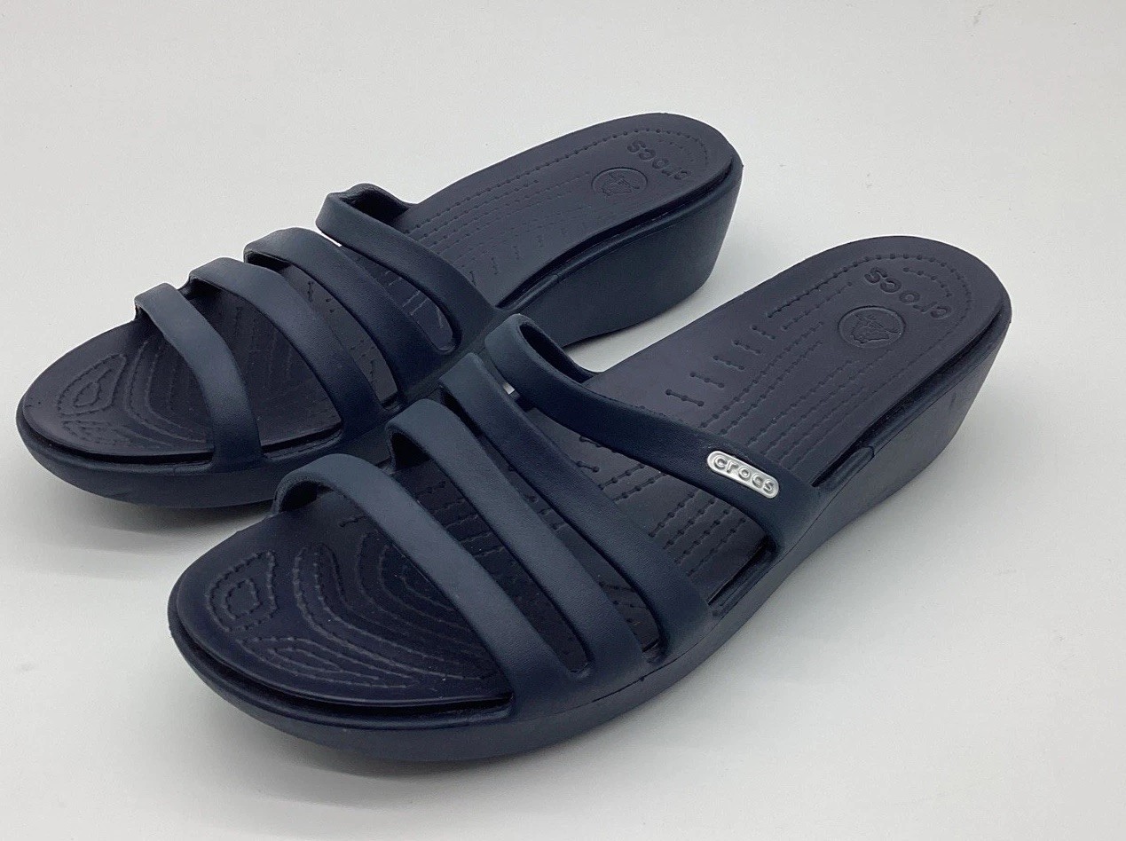 Crocs Womens Rhonda Slide Sandals Navy Blue Wedge Heels Straps Slip Ons Size 11