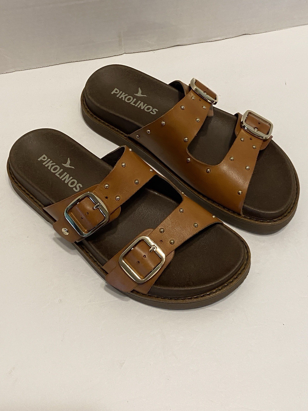 Pikolinos Aitana Brandy leather flat sandals, buckle rivet detail Size 7.5 / 8