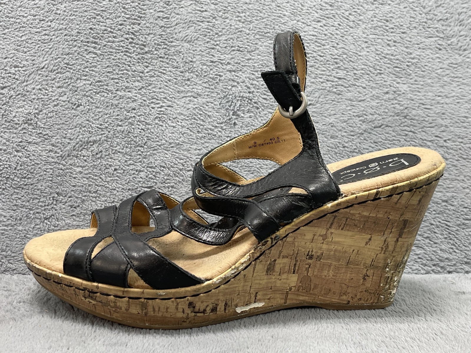 B.o.c Sandals Womens Size 9 Black Faux Leather Strappy Wedge Platform C67403