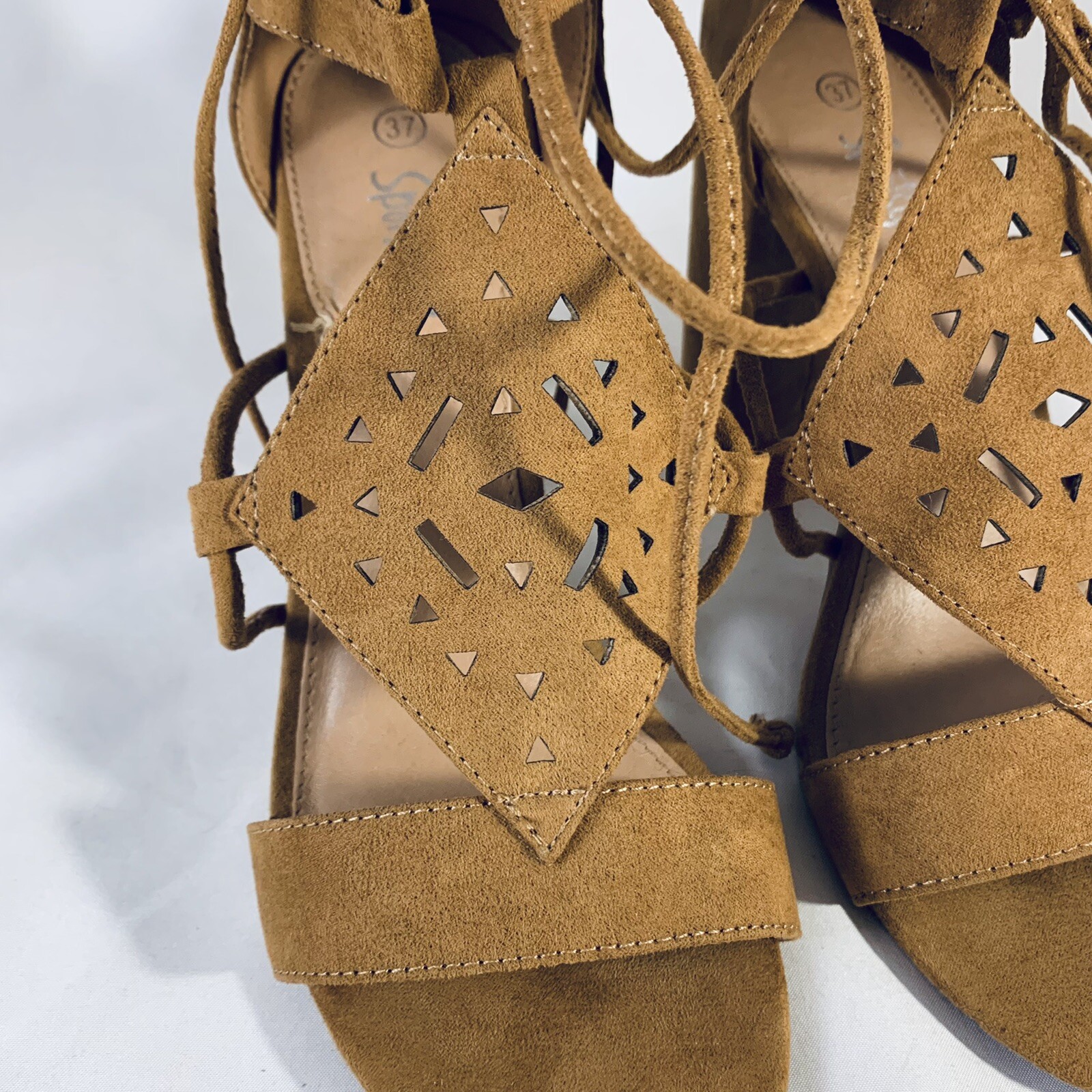 Sportsgirl Block Heels Ankle Tie Brown Faux Suede Sandals Country Boho AU 6.5