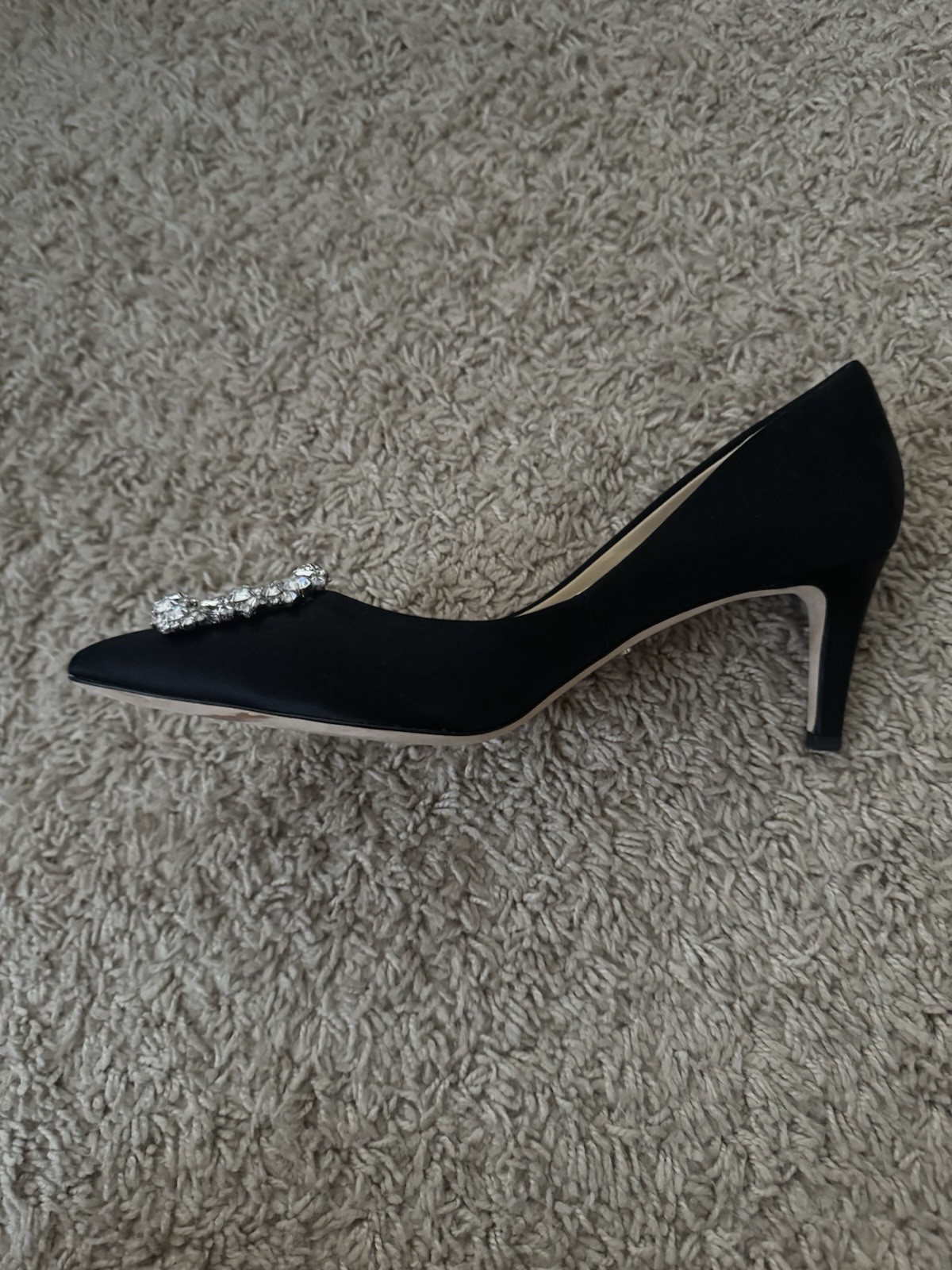 Badgley Mischka Black Satin Pointed Toe Rhinestone Slip-On Pumps US 8 MP5216