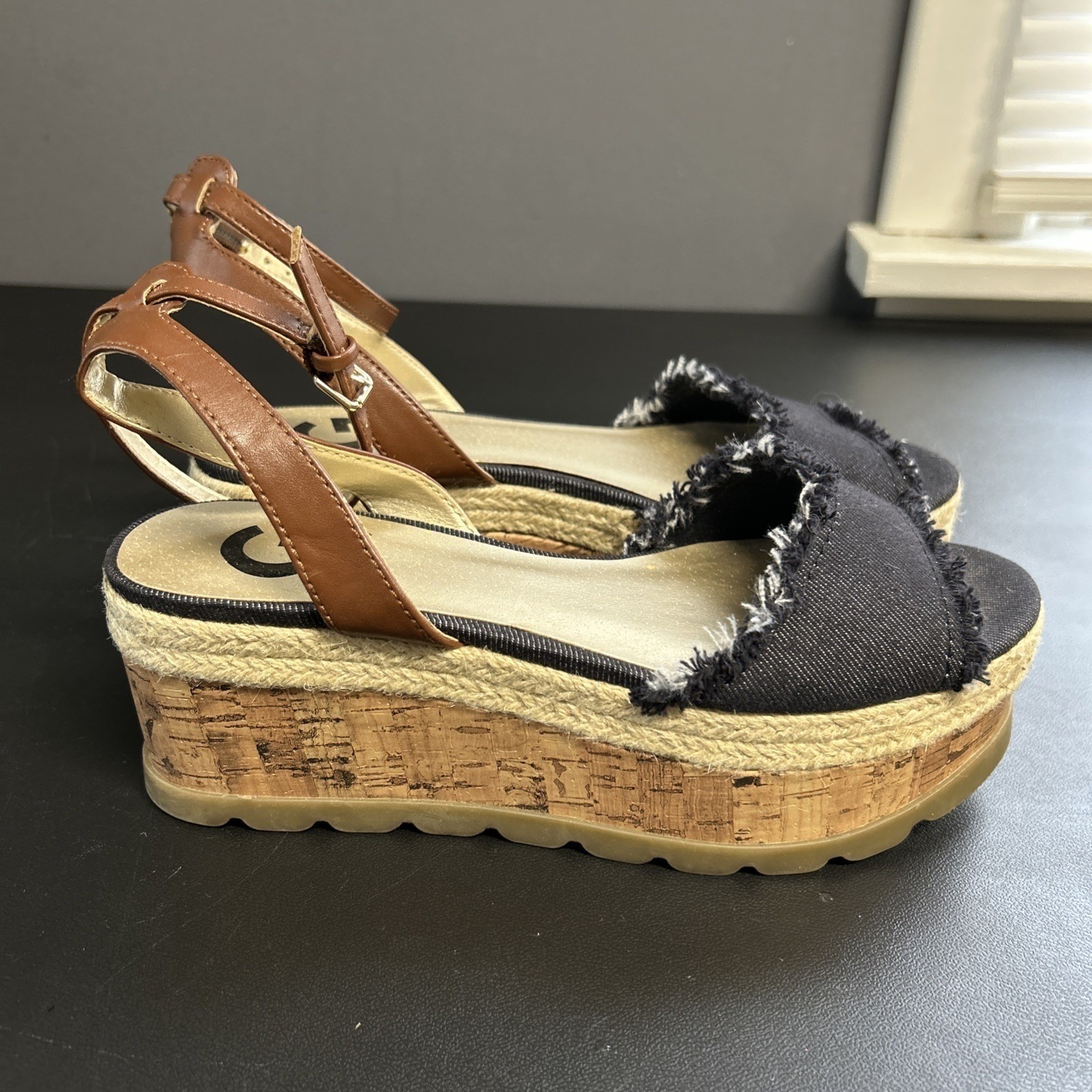 GGBAKER Women’s 7 Guess Denim Platform Espadrille Cork Sandals Ankle Strap Boho