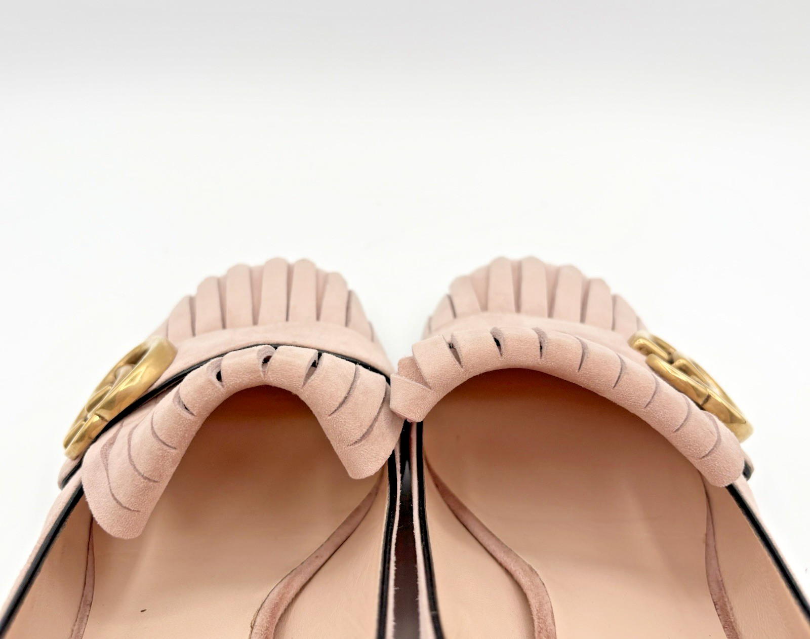 Gucci Pink Suede Fringe Marmont GG Logo Block Heel Low Heel Pumps Size EU 37
