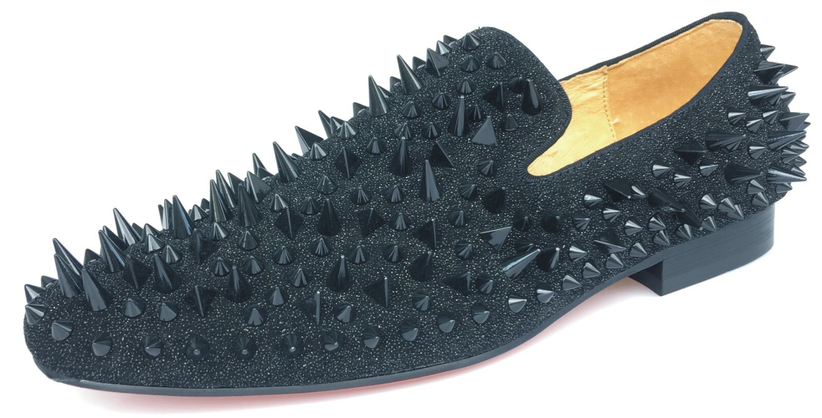 Men’s Gold Spikes Loafers Black Dress Shoes Slip-on Leather Slippers Prom Flats