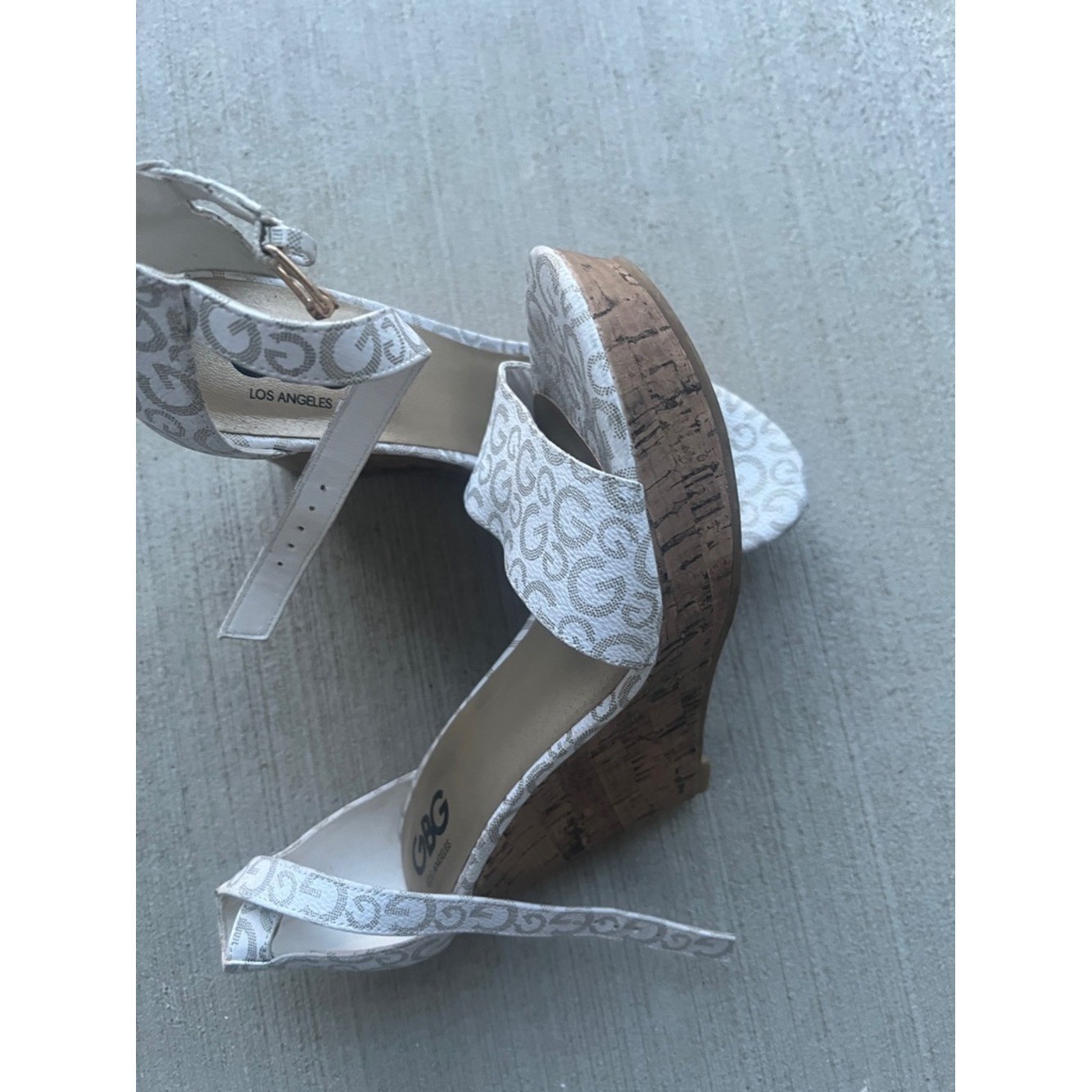 G by Guess White Monogram Cork Wedge Sandals