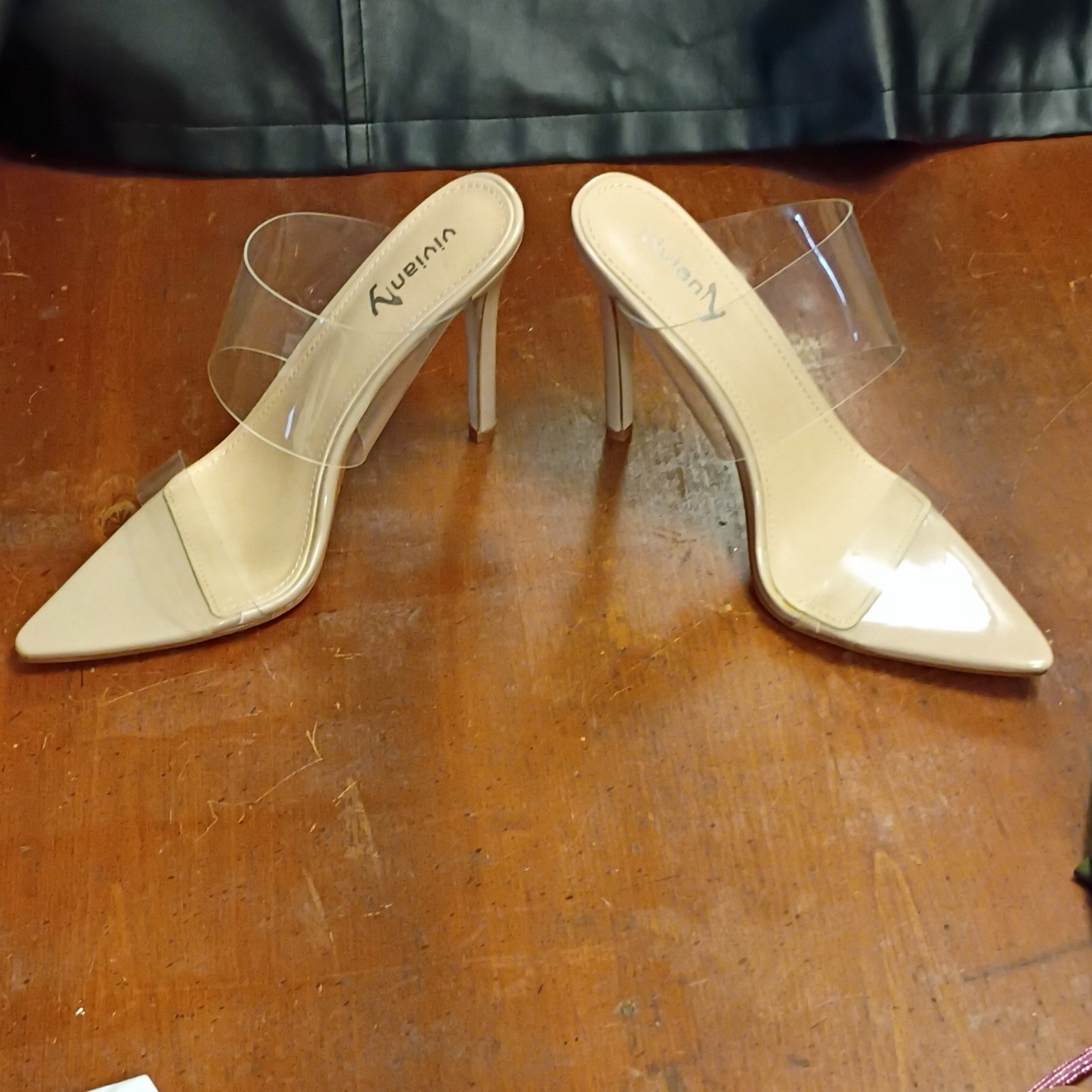 Viviany Beige Clear Transparent Strap Stiletto Mule Pointed Toe Heels Size 9