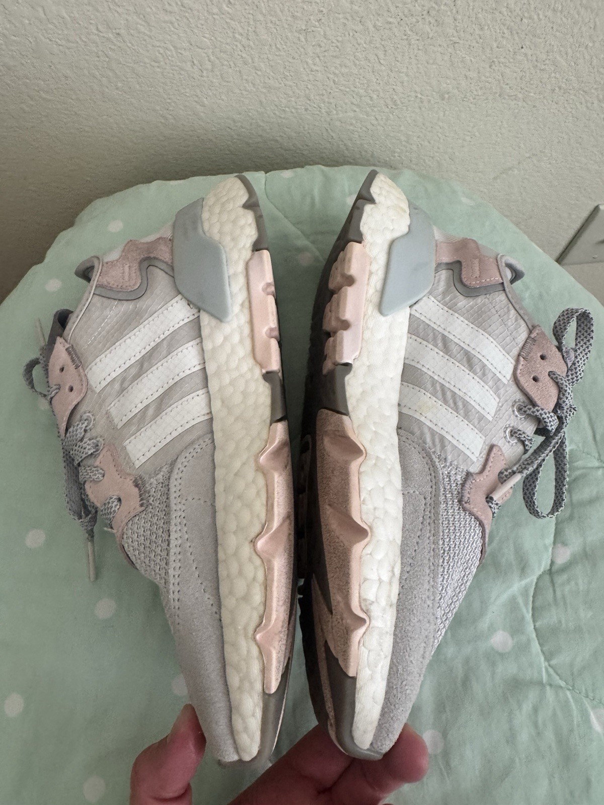 Adidas Nite Jogger Boost Grey One/Cloud White/Pink Tint Mesh Sneakers size 6