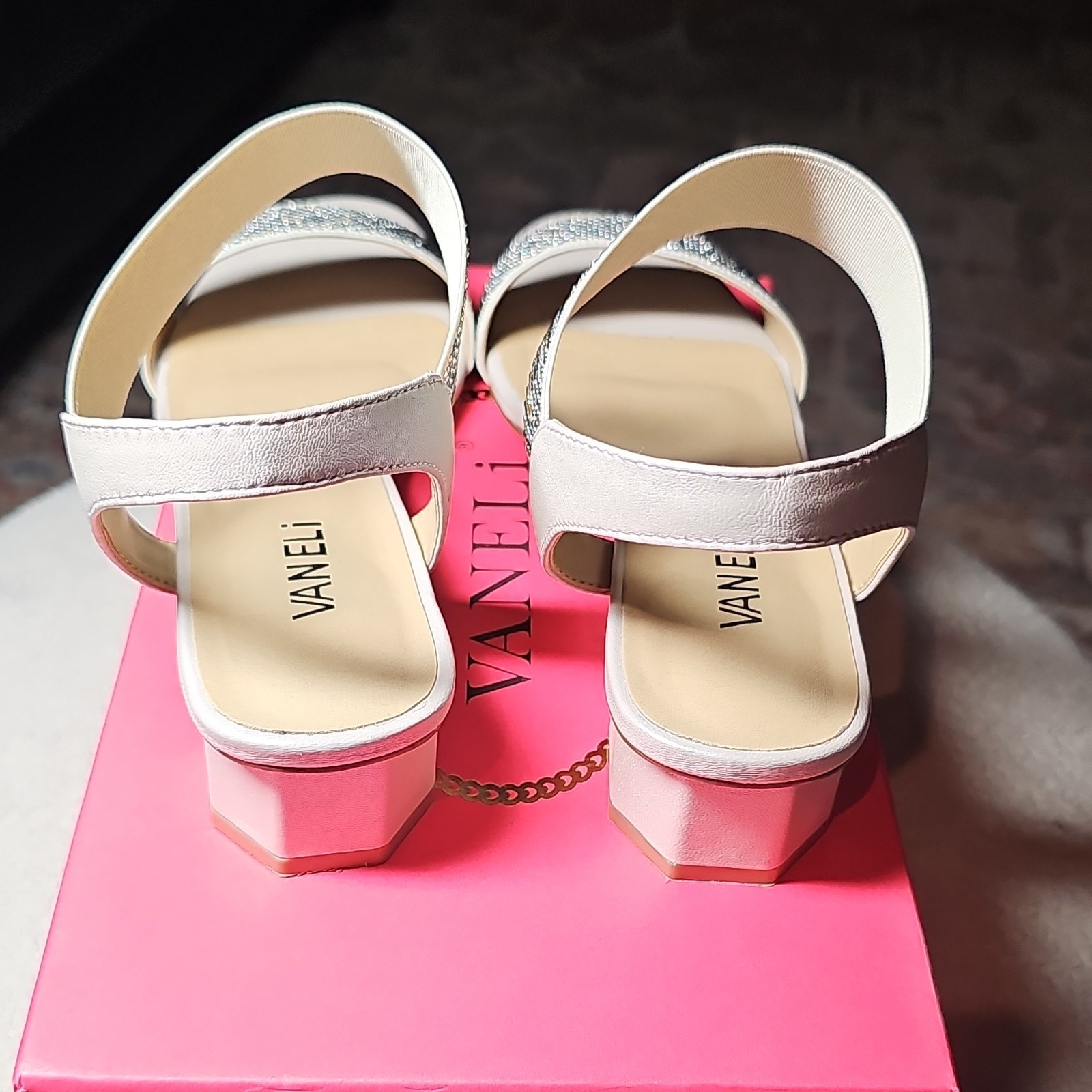 Vaneli Women’s Strappy Ankle Strap Rhinestone Leather Sandals White/Silver 9.5 N