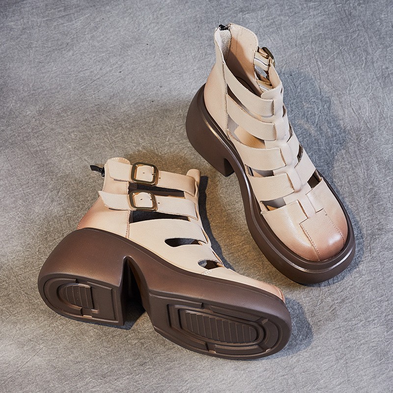 Vintage Womens Roman Gladiator Ankle Boots Real Leather Comfort Shoes Thick Sole