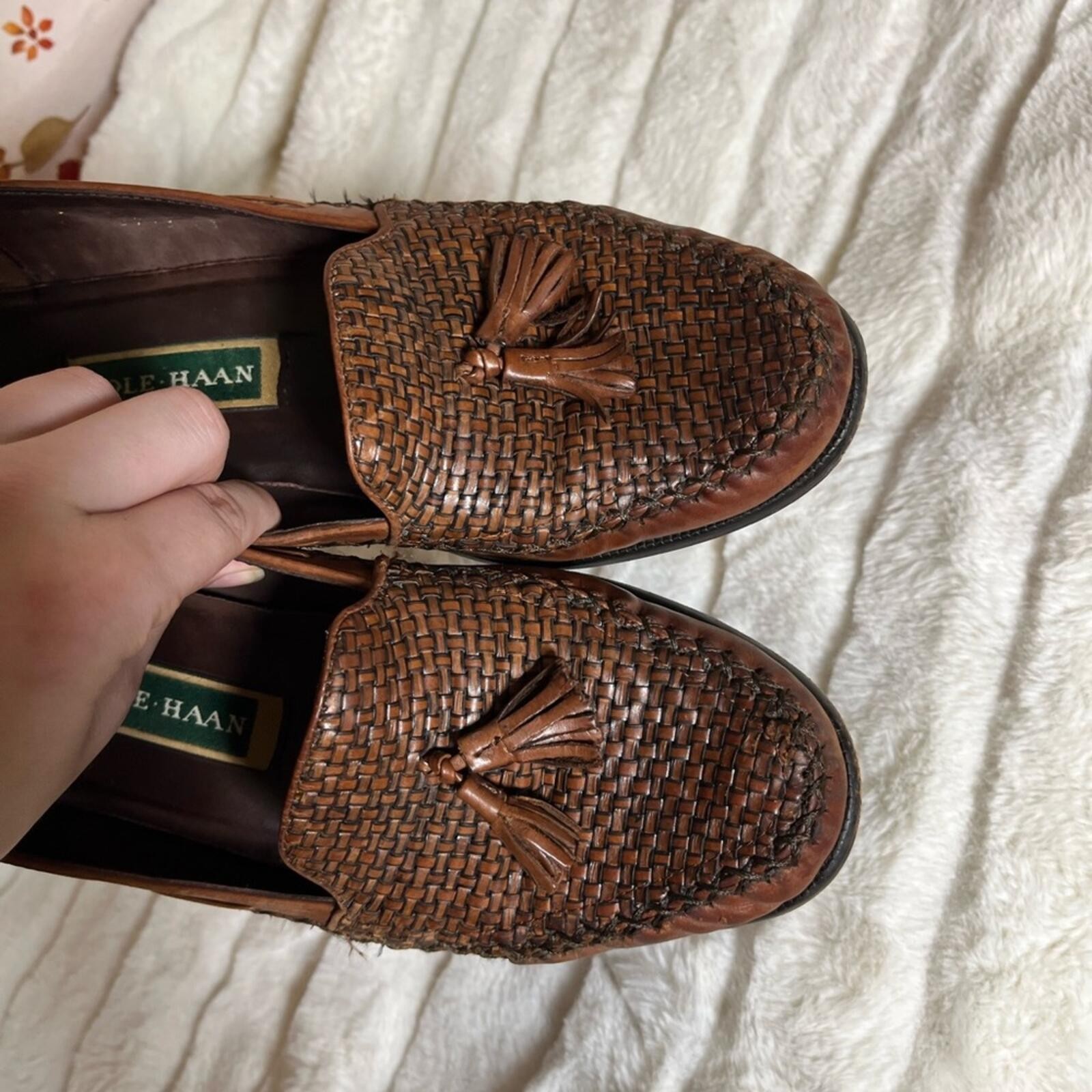 Cole Haan Womens 9.5B Vintage Brown Woven Leather Tassel Moccasin Workwear Shoes