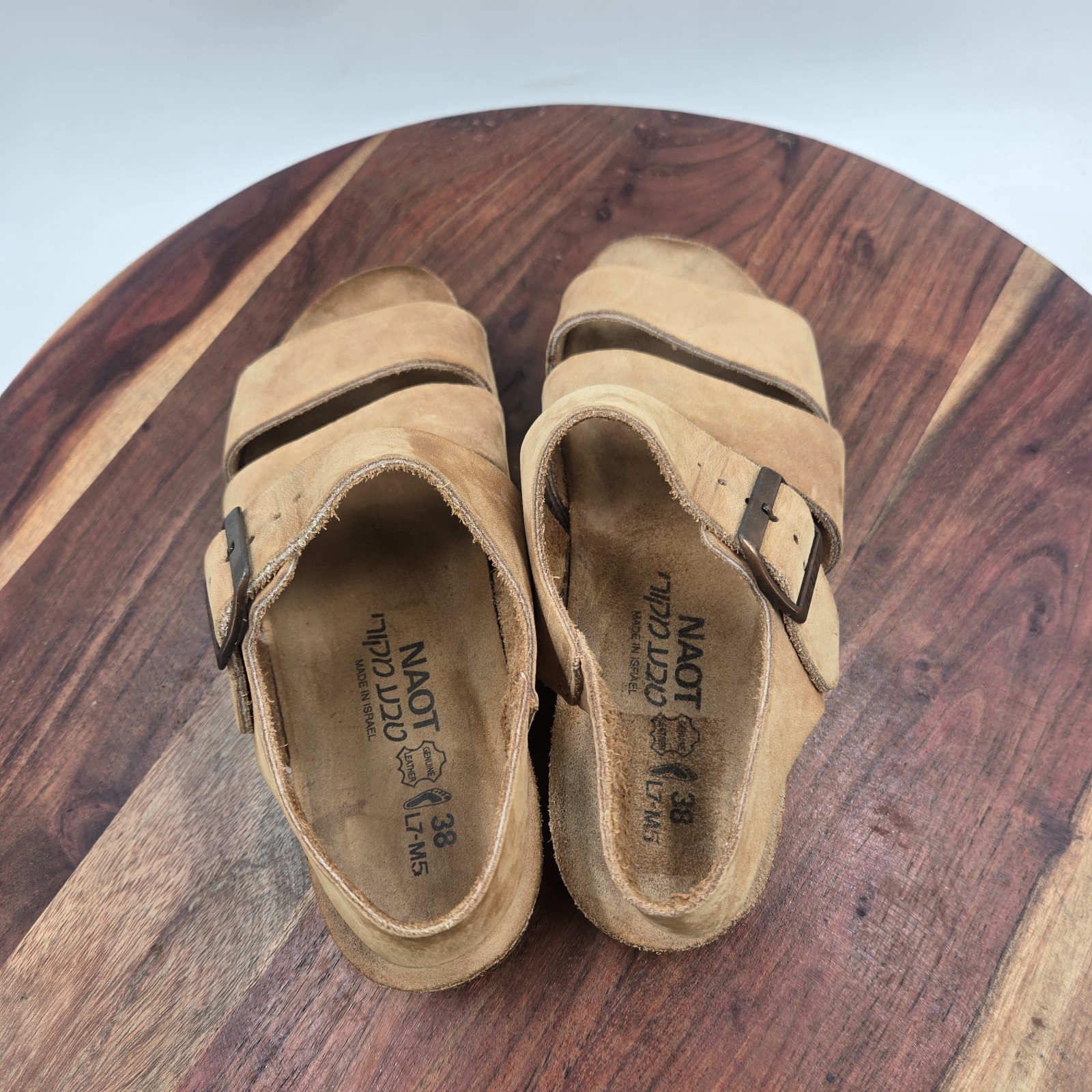 Naot Sandals Women 38 / 7 Tan Brown Nubuck Comfort Strappy Buckle Cork Slingback