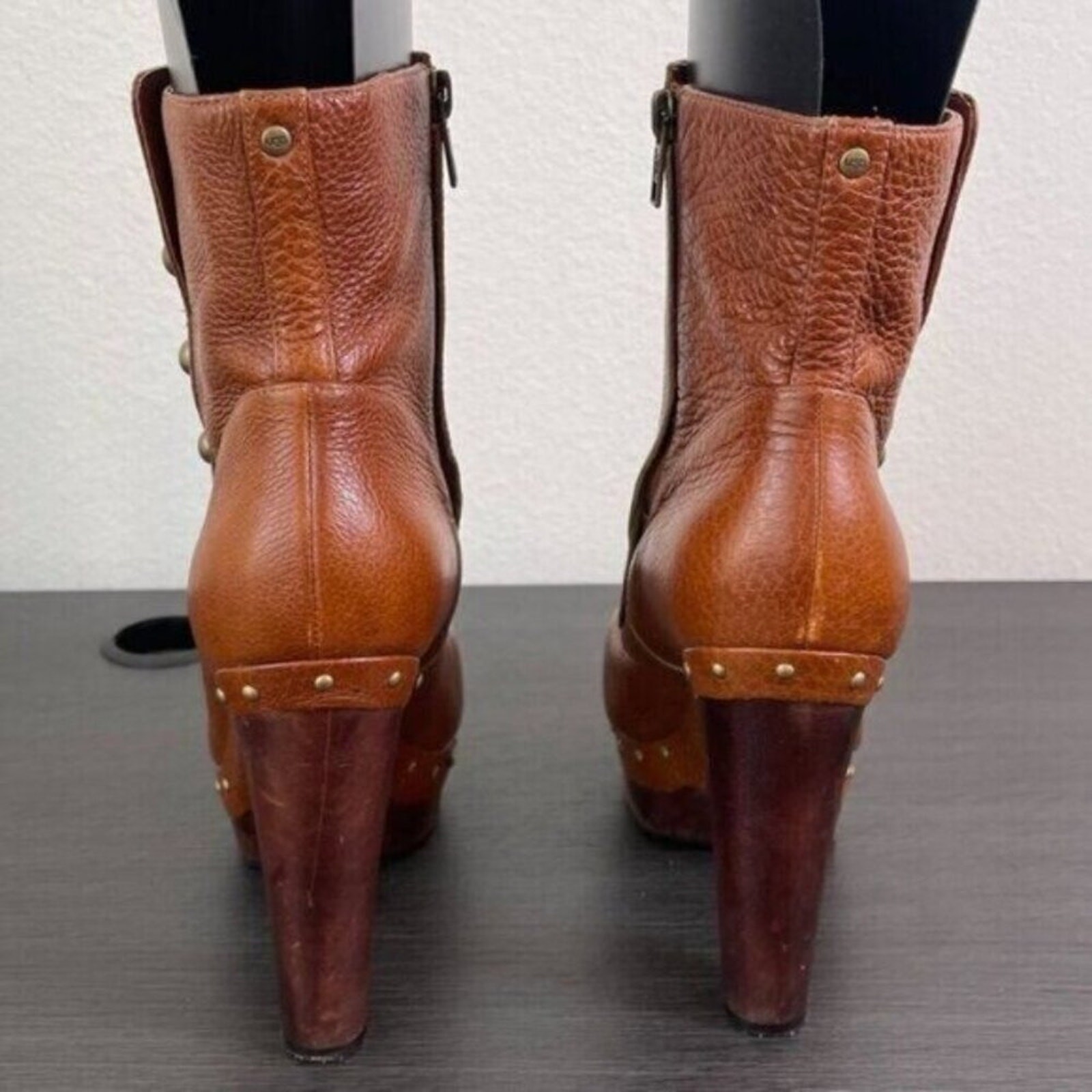 UGG Cosima Studded Brown Leather Heeled Mid-Calf Platform Boots Zip Closure 9.5