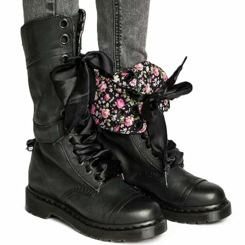 Retro Womens Mid Calf Boots Lace Up Biker Punk Military Combat Ankle Bootie Shoe
