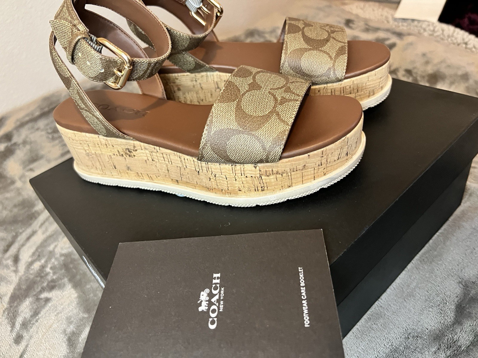 Coach Signature Logo Leather Wedge Sandals Ankle Strap Buckle Beige Brown 6