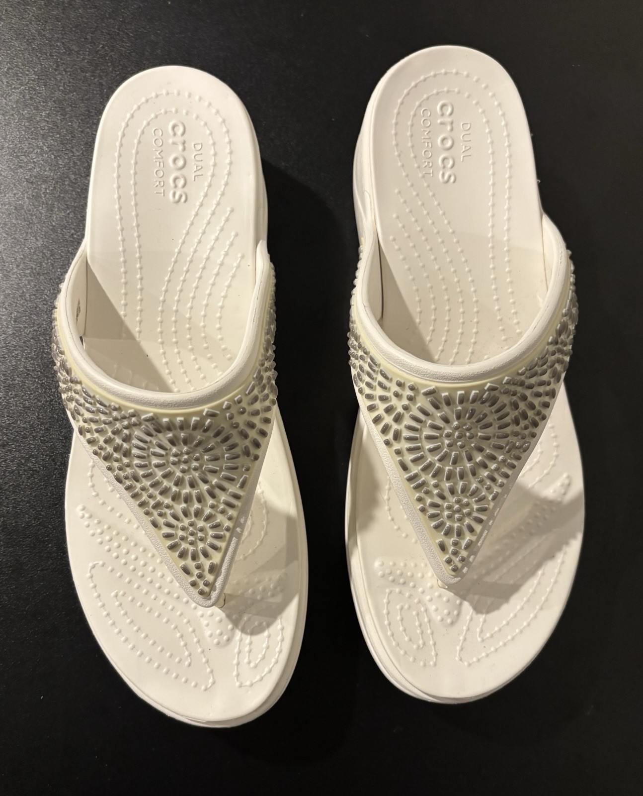 Crocs Monterey Diamante White Wedge Heel Thong Sandals Women’s Sz 11 NEW