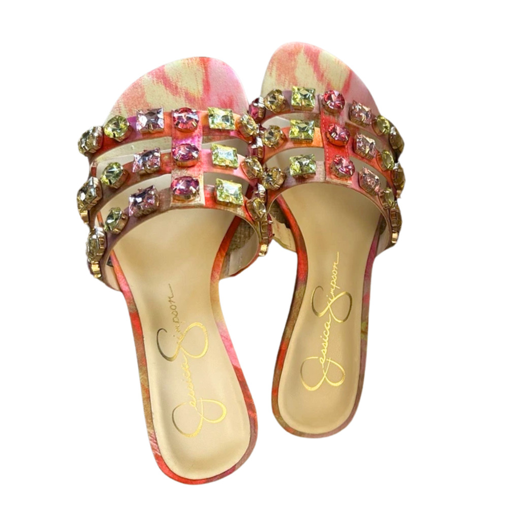 Jessica Simpson Women’s Detta Rhinestone Slip On Sandals Pink Red Combo 7.5 -NEW