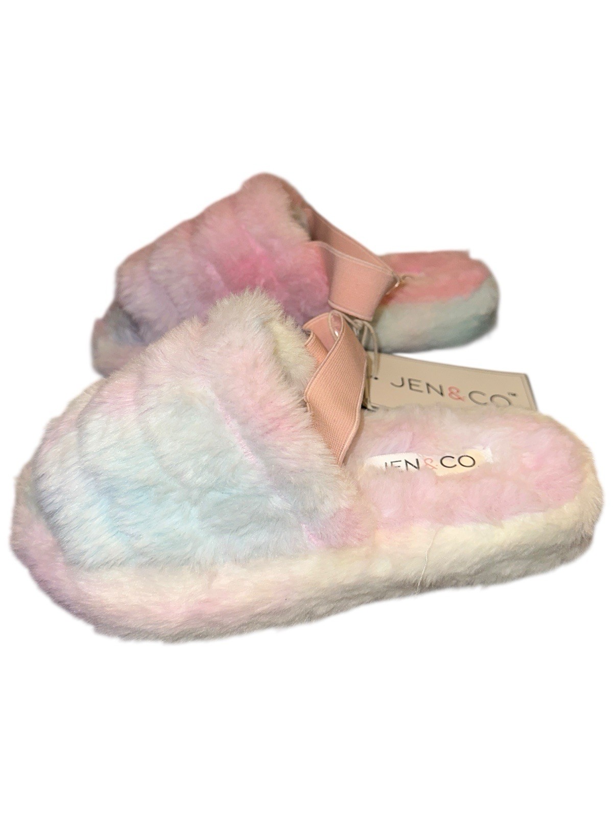 Jen Co Pink Marble Faux Fur Slipper Slides Slingback Vegan 7.5 Coquette New
