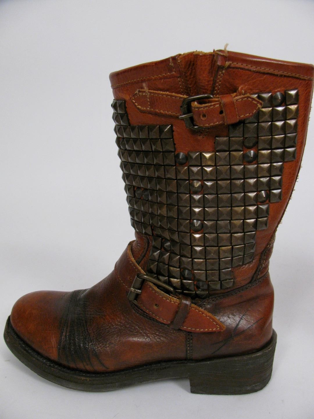 ASH BOOTS BROWN LEATHER DISTRESSED MOTO BIKER TRASH PAVONDONA STUDDED SHOES~38.5