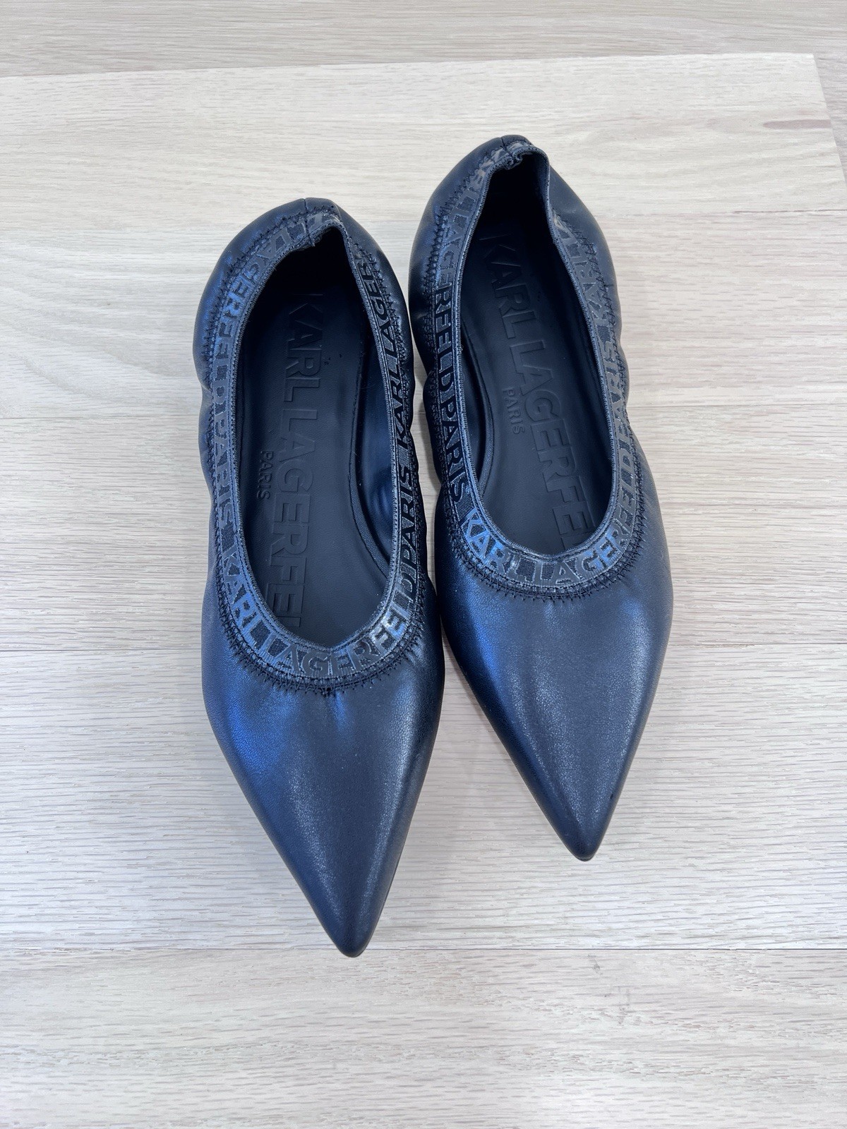 Karl Lagerfeld Paris Vinette Pointed Toe Ballet Flats Black Logo Trim US 8.5