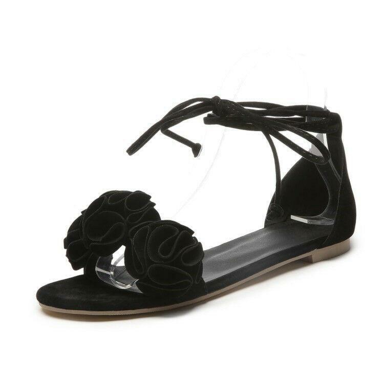 Women‘s Bohemia Flower Strappy Lace Up Sandals Flat Casual Shoes Plus Size