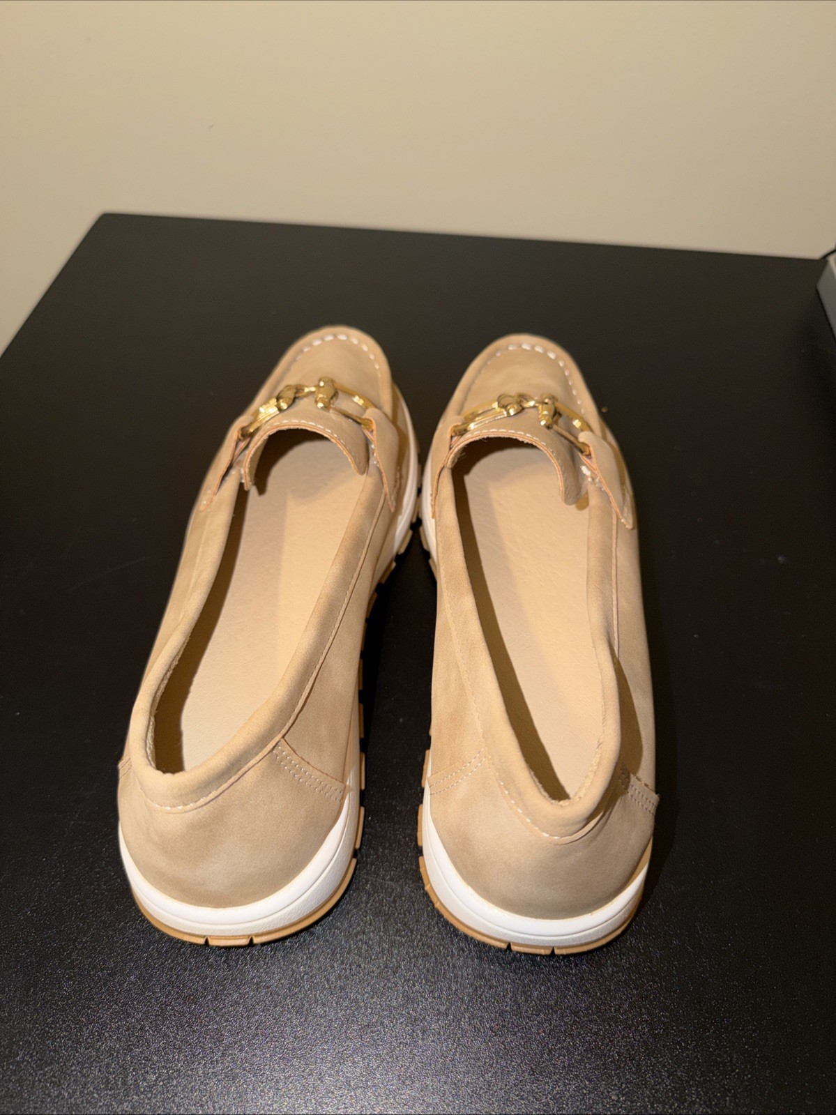 Woman’s Tan And Gold Suede Slip Ons Size EU40/US 10