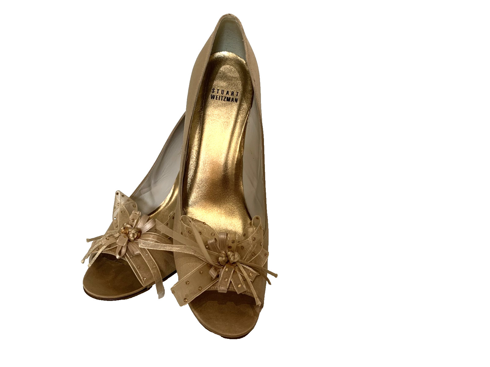 Stuart Weitzman Open Toe Gold Satin Pump With Bow and Rhinestones Size 9.5