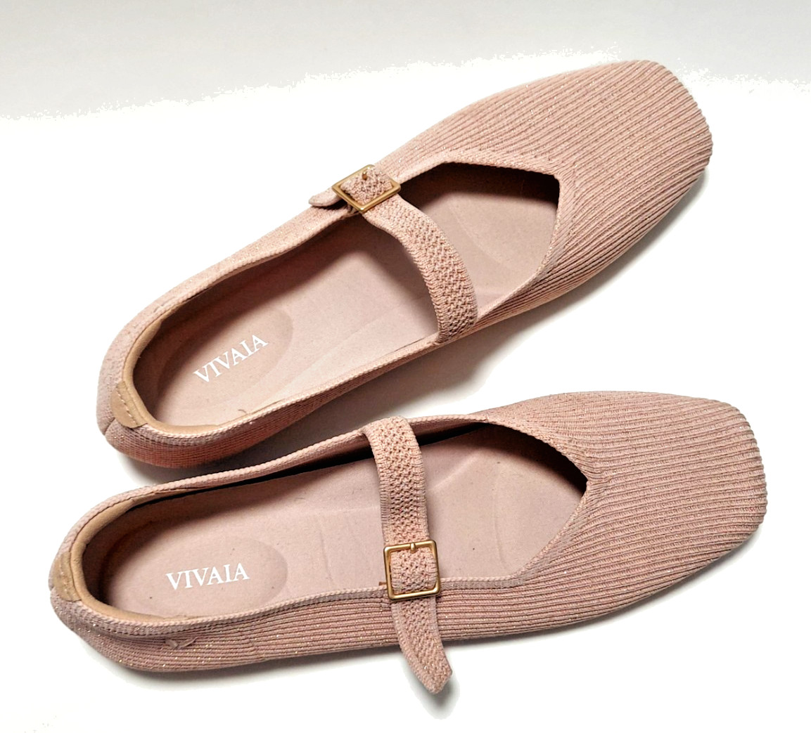 Vivaia Margot Square-Toe V-Cut Flats Mary Jane Shoes Knit Rose Gold US 10 EUC
